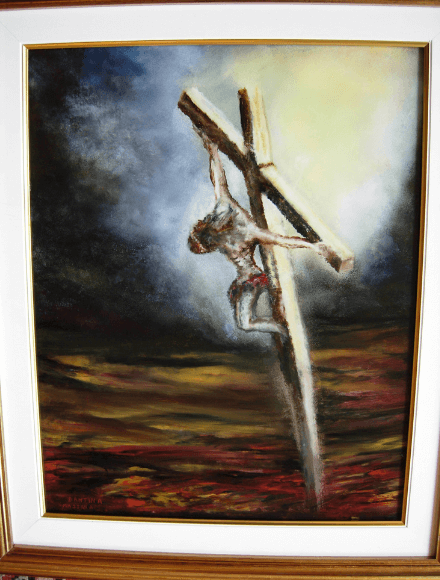 pittura sacra, quadro sulla crocifissione, olio su vetro