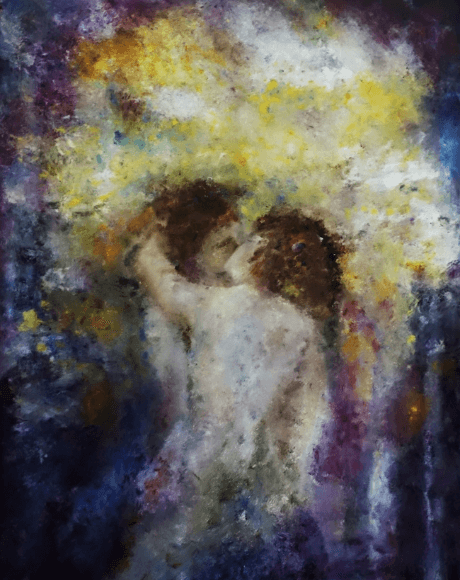 quadro il bacio, olio su vetro. Amore Sacro e Amore Profano, uniti insieme per dare luce alla vita